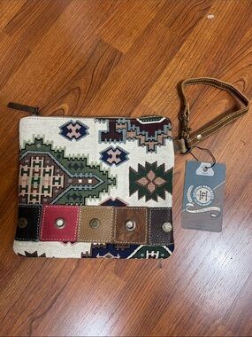 Hopofly Zipper Pouch Aztec Print Cotton Leather Accents Handmade NWT